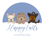 Happy Tails A Puppy Boutique logo featuring three dogs and cursive text on a light blue background