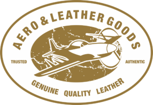 AERO & LEATHER GOODS logo with classic typography — branding for genuine leather accessories and apparel