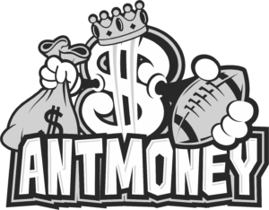 ANTMONEY logo with cartoon ant, dollar sign, and fist holding cash — urban finance and character branding