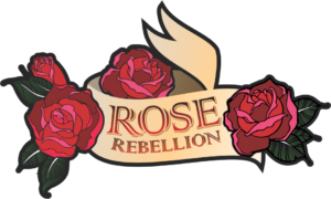 Rose Rebellion logo with red roses and beige ribbon banner — bold floral branding with rebellious flair