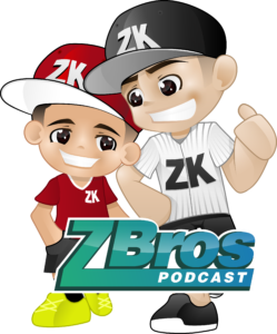 ZBROS Podcast logo with cartoon mascots in caps labeled ZK — entertainment and lifestyle podcast branding