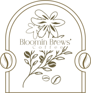 Bloomin Brews logo with floral elements, coffee beans, and stylized text — botanical café branding”