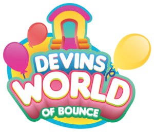 Devin’s World of Bounce logo with balloons and inflatable structures — kids party and bounce house branding