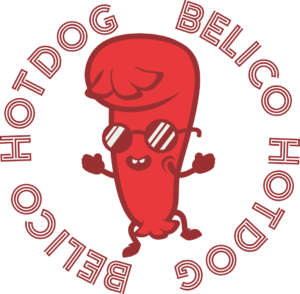 BELICO HOTDOG logo with cartoon hotdog mascot in black and gold uniform — fun street food branding
