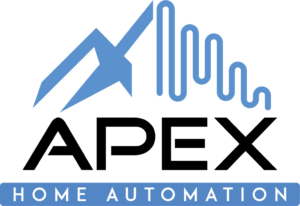 APEX Home Automation logo with stylized roof and signal wave — smart home technology branding