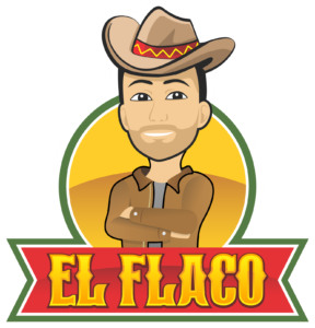 EL FLACO logo with cartoon cowboy character in hat and crossed arms — Latin-inspired branding