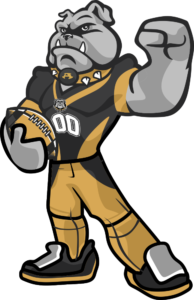 Alvord Bulldogs mascot logo with cartoon bulldog in black and gold jersey — school spirit and sports branding